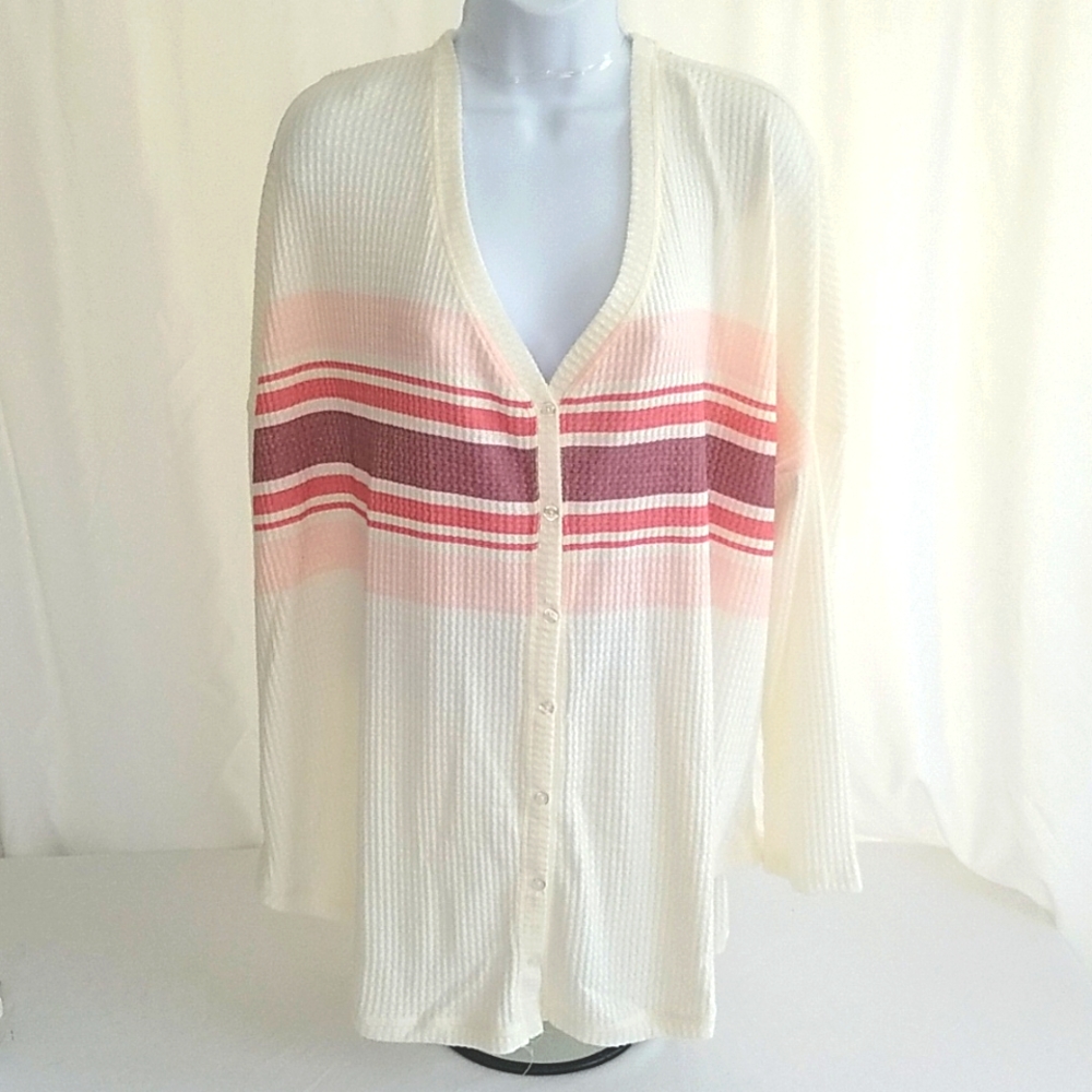 Colsie Waffle Knit Button-Down Cardigan Sweater in Ivory/Pink Stripe  Size 2X
